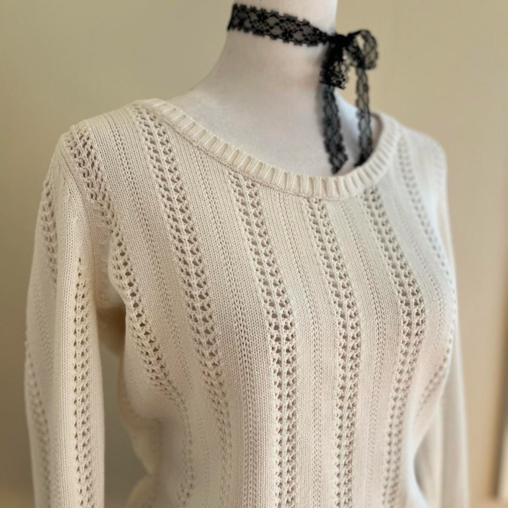 Coquette White Pointelle Crochet Knit Sweater Top Girly Lolita Lace Preppy M - Picture 6 of 10